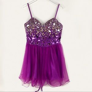 Dave & Johnny Purple Jeweled Tulle Mini Dress corset back size 9/10